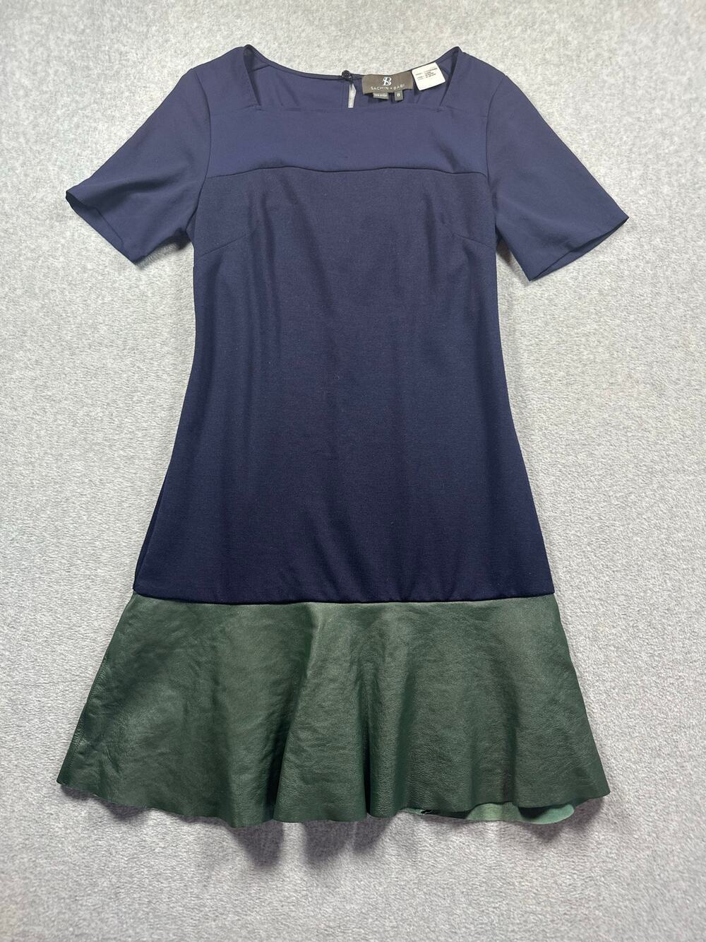 Sachin & Babi Square Neck Mini Dress Women's 8 Navy Green Leather Flounce Hem